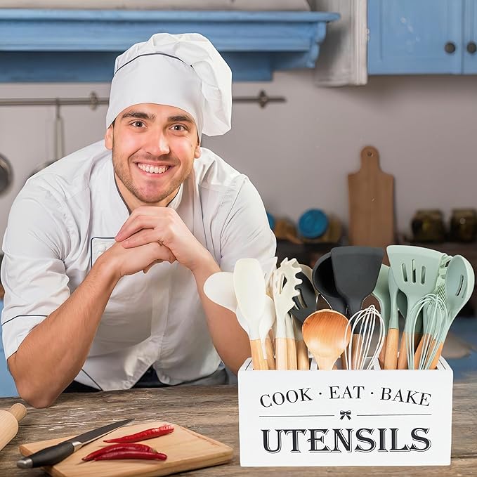 LIBODOUR Utensil Holder,Large Wooden Utensil Holder For Kitchen Counter,Cooking Spatula Organizer,Big Storage Caddy With 3 Compartments Flatware Spoon Tool Cutlery(White)