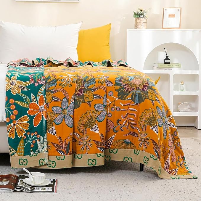 Fall Throw Blankets Reversible Luxurious Cotton Bed Throws with Vintage Bohemian Design & Yellow/Green Lightwight Floral Decor Blanket, Perfect as Bed Sofa Quilt 90" x 98"