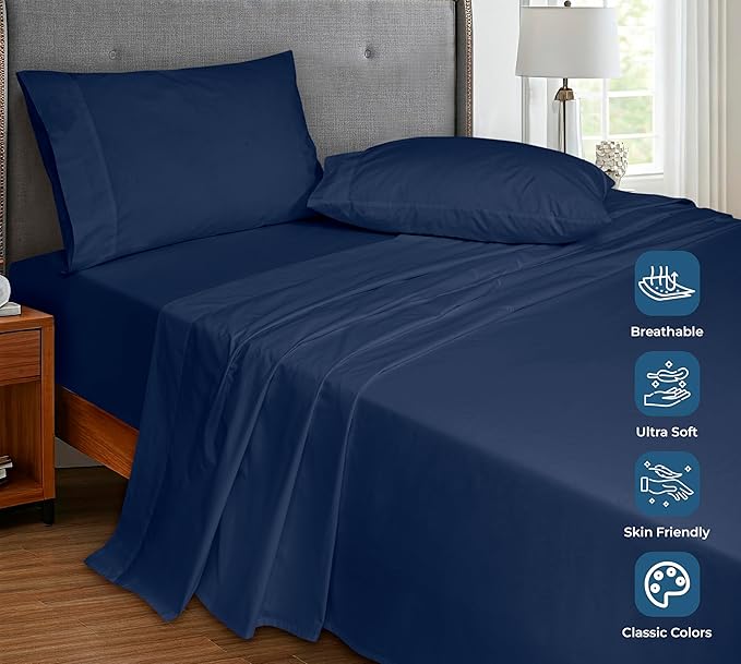 Royale Linens 100% Organic Cotton Queen Flat Sheet Only - Super Soft - Percale Top Sheets - Queen Flat Sheet Sold Separately - Breathable, Cool & Crisp Navy Sheets Only (90" x 102", Navy)