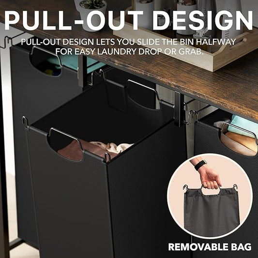 Simple Houseware 3-Section Laundry Sorter with Tabletop Shelf, 3 Pull-Out 10-Gallon Hampers, Metal Frame Laundry Organizer for Bedroom, Bathroom, Rustic Brown