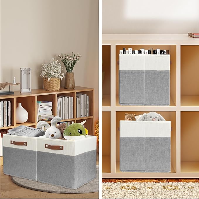 SNWDN 4 Pack Large Fabric Storage Baskets for Organizing Collapsible Fabric Storage Bins with Handles for Home and Office Organizing ((White/Grey 13x13x13 Inches)