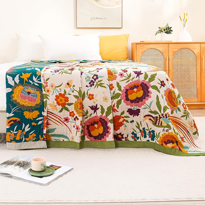Boho Throw Blanket for Bed Couch 100% Cotton Ultra Soft Large Rustic Quilt t Queen Blanket,Bird Floral Printed Farmhouse Bed Blankets 80"×90", Decorative Reversible Muslin Bed Cover for All Seasons
