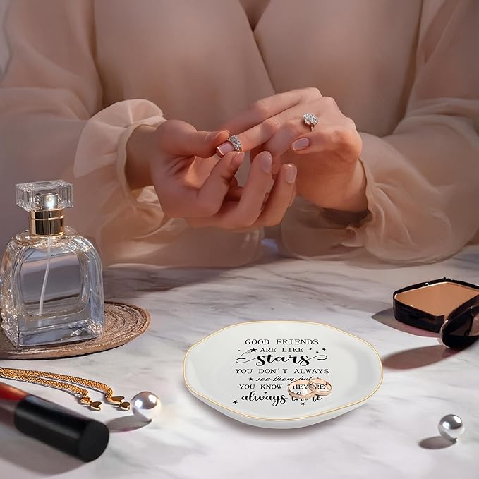 Friend Gifts Trinket Dish for Women, Unique Friendship Gifts, Good Friends are Like Stars Ceramic Ring Dish Jewelry Tray for Birthday Christmas Gift for Mom, Sister, Best Friends (GOOD Friends)