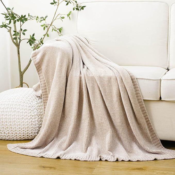 BATTILO HOME Knit Chenille Throw Blanket for Couch, Cozy Beige Throw Blankets for Home Decor,Lightweight Soft Throw for Bed,Sofa,Chair 51"x67"