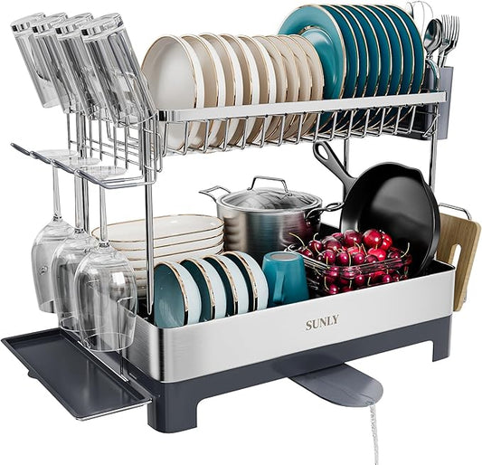 SUNLY Large Dish Drying Rack, Multipurpose 2 Tier Dish Racks for Kitchen Counter, 304 Stainless, Extra Large Drain Board