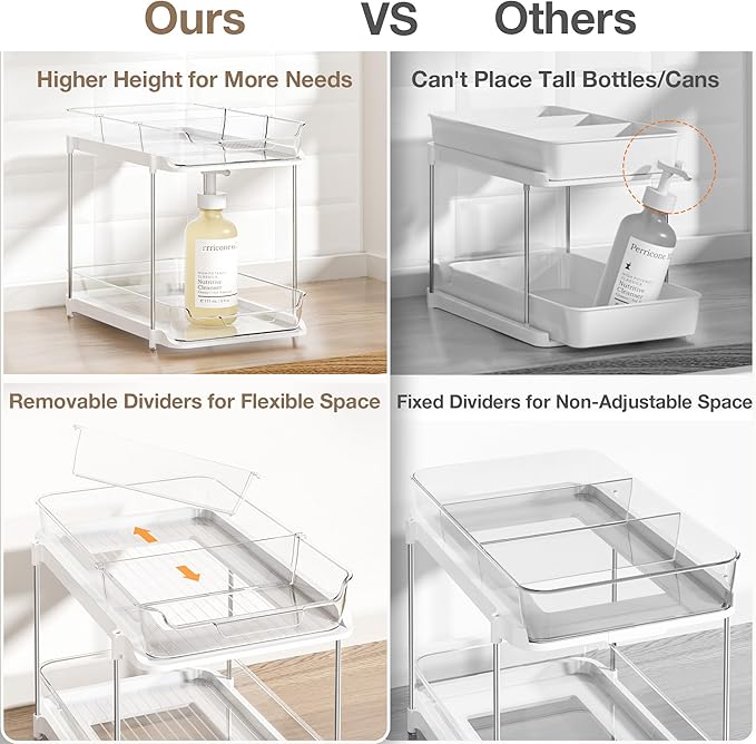 Delamu 2-Tier Multi-Purpose Bathroom Under Sink Organizers and Storage, Stackable Kitchen Pantry Organization, Pull Out Medicine Cabinet Organizer with Movable Dividers, White, 1 Pack
