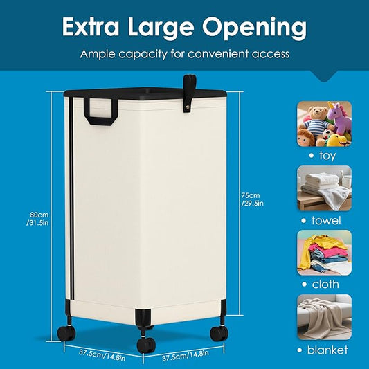 Laundry Basket with Wheels 105L, Large Rolling Laundry Hamper with Removable Bag, Metal Frame Collapsible Dirty Clothes Bin, Cloth Organizer Hampers Pull Handle for Bathroom, Dorm, Bedroom White