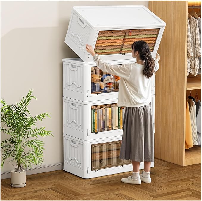 YFXCVSL 4 Tier Storage Bins with Lids 102QT - Stackable Containers with Wheels, Folding Boxes, Set of 25