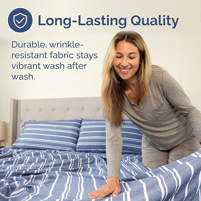 King Size Flat Sheet - Hotel Quality Top Flat Bed Sheet Only - Ultra-Soft, Comfy, Breathable & Cooling - Fade & Wrinkle Free - Easy-Care, Stain and Shrink Resistant Bedding - Oeko-Tex - Blue Stripes