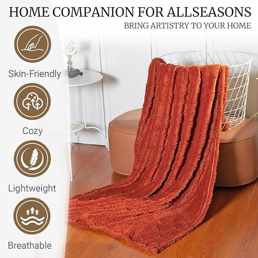 BYKOSY Jacquard Boho Fleece Throw Blanket-Cozy Fluffy Soft Lightweight Fuzzy Fall Blanket for Sofa, Couch, Bed, Chair & Car, Gifts for Teen Girls, Women & Men, Home and Dorm Decor, Rust Red, 50" x 70"