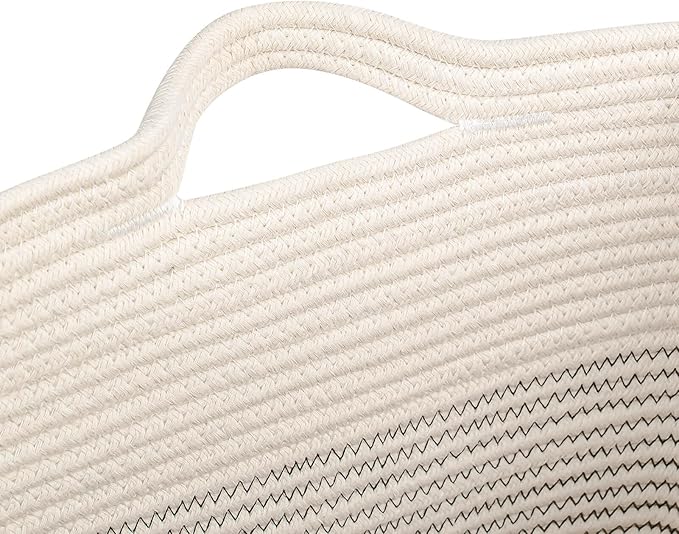 Laughbird Storage Baskets for Clothes Fabric Cotton Rope Storage Basket with Handles, Decorative Woven Basket for Living Room,Closet Organizer Blankets, and 2bags (White/Black Line, L16×W11.4×H15.9)