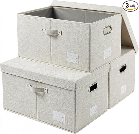 PRANDOM Storage Bins with Lids [3-Pack] Linen Fabric Foldable Storage Boxes Organizer Containers Baskets Cube with Cover for Bedroom Closet Office Beige (23.4X15.9X11.4)