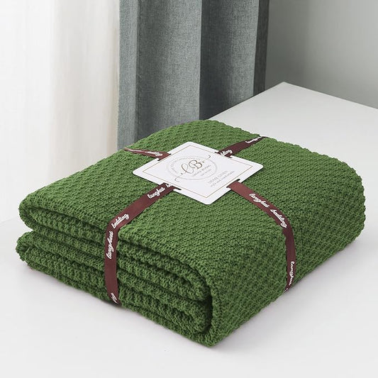 Longhui bedding Olive Green Knitted Throw Blanket for Couch, Soft, Cozy Machine Washable 100% Cotton Sofa Knit Blankets, Heavy 3.0lb Weight, 51 x 63 Inches, Green Color.