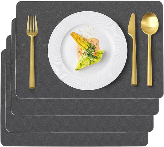 Vinyl Placemats Set of 4 Faux Leather 100% Waterproof Wipeable Washable Place Mats Heat Resistant Easy Clean Non-Slip Table Mats for Indoor Outdoor. (4,Gray)