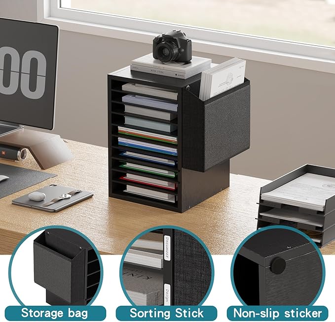 Unionly, Office Mail Sorter, Wooden Paper Organizer With Storage Bag, 10 Tier Adjustable Classroom Mailbox, Removable Classroom Organization, Teacher Desk Organization for Office, Study, Black