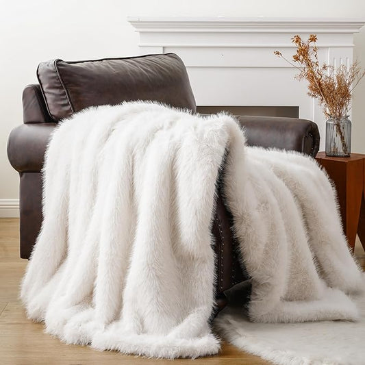 BATTILO HOME Luxury White Faux Fur Throw Blanket, Fluffy Cozy Soft Warm Fur Blanket for Couch, Sofa, Chair, Bed, Plush Fuzzy Fur Throws with Long Pile, 50"x60"(Ivory)