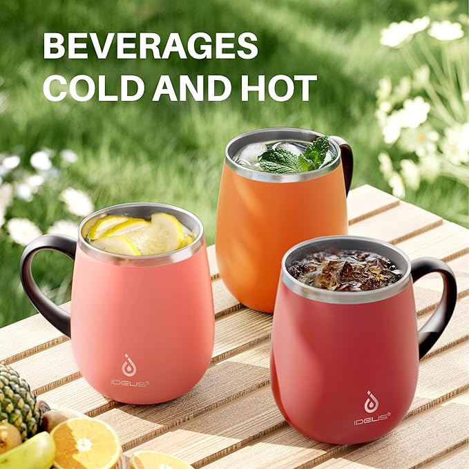 Ideus 16 oz Insulated Coffee Mug with Handle and Lid, Double Wall Stainless Steel Vacuum Thermal Coffee Mug, Travel Coffee Cup Thermal Cup for Home and Office, Orange Tiger