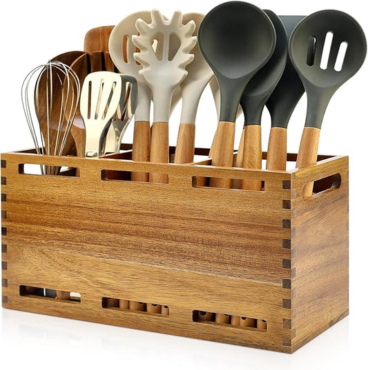 Large Acacia Wood Utensil Holder Rustic Kitchen Utensil Organizer for Countertop 3 Sections Kitchen Utensil Crock Cooking Tools Holder Utensils Caddy Counter Wooden Cooking Utensil Storage Holder