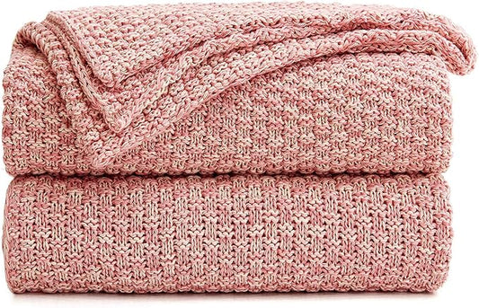 Longhui bedding Dusty Pink Knitted Throw Blanket for Couch, Soft, Cozy Machine Washable 100% Cotton Sofa Knit Blankets, 60 x 80 Inches Oversized, Pink and White Color, Laundry Bag Included