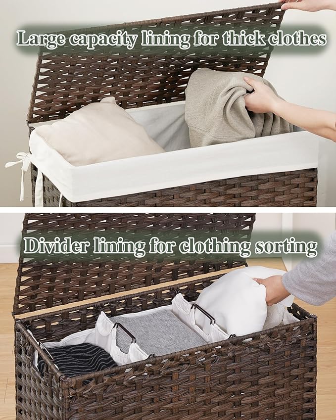 SETVSON Laundry Hamper with Lid Laundry Basket 132 L (35 Gal) Wicker Clothes Hamper, Handwoven Rattan Hamper with Handles and 4 Removable Liner Bags, 6 Mesh Bags for Laundry Bedroom Brown