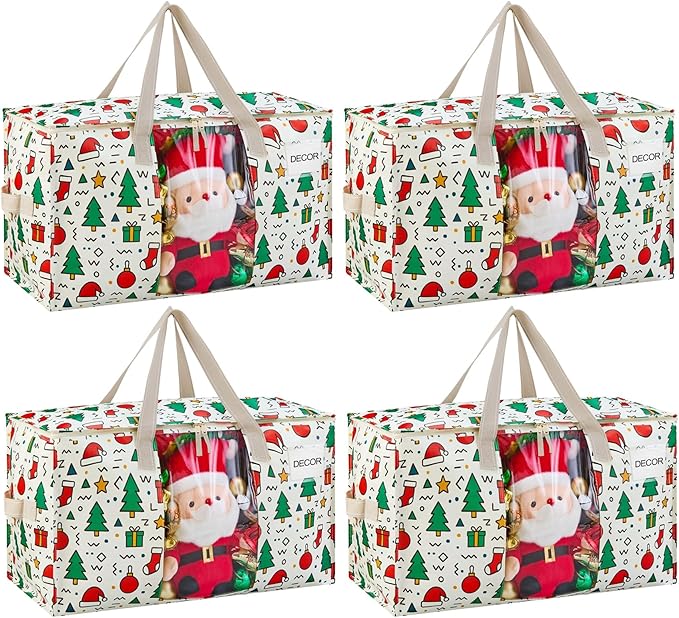 VENO 4 Pack Moving Bags, Large Christmas Storage Bins with lids, Packing Supplies for College, Alternative to Moving Boxes, Foldable, Heavy-Duty Tote, Christmas Pattern (Jingle Mix, 4 Pack)
