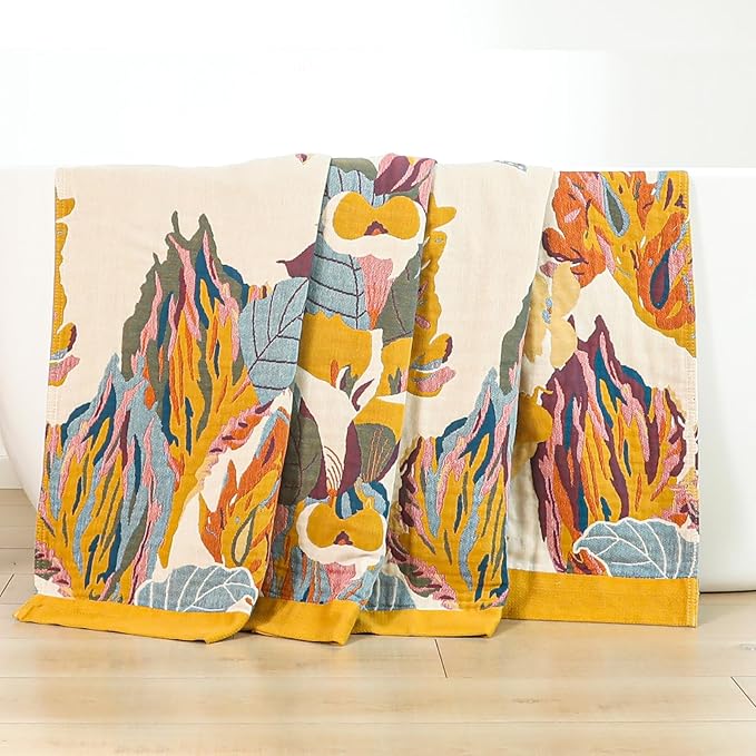 Boho Large Throw Blanket for Bed Couch 60" x 80 "100% Cotton Gauze Fall Blankets Home Decor Soft Lightweight for Sofa Quilt with Floral Butterfly