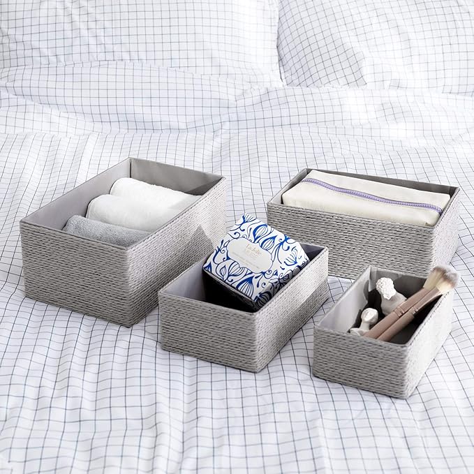 LA JOLIE MUSE Storage Baskets Set 4 - Stackable Woven Basket Paper Rope Bin, Storage Boxes for Makeup Closet Bathroom Bedroom (Gray)