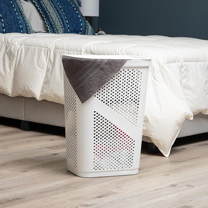 Mind Reader Slim Laundry Hamper with Lid, 60L Clothes Basket, Ventilated Plastic, White