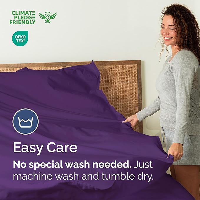 Cal King Size Flat Sheet - Hotel Quality Top Flat Bed Sheet Only - Ultra-Soft, Breathable & Cooling - Fade & Wrinkle Free - Easy-Care, Stain & Shrink Resistant Bedding - Easy-Fit & Oeko-Tex - Purple