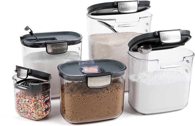 ProKeeper+ Airtight Food Storage Container Set – Clear Plastic Flour and Sugar Canister Set with Magnetic Accessories for Kitchen Organization (Grey, 9-Piece)