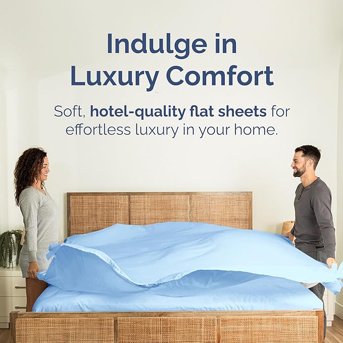 King Size Flat Sheet - Hotel Quality Top Flat Bed Sheet Only - Ultra-Soft, Breathable & Cooling - Fade & Wrinkle Free - Easy-Care, Stain & Shrink Resistant Bedding - Easy-Fit & Oeko-Tex - Light Blue
