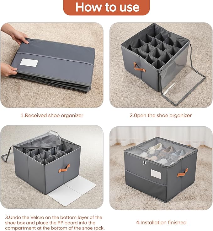 Chewlish Shoe Organizer for Closet, Foldable Shoe Storage Organizer Containers with Clear Cover, Space Saving Shoes Holder with Handles, Gray (1, Large)