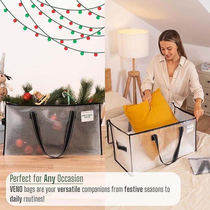 VENO 4 Pack Moving Bags, Christmas Storage Bins, Moving Boxes Alternative, Comforter and Blanket Storage Bags, College Dorm Packing Supplies, Foldable Heavy-Duty Tote (Clear, 4 Pack)