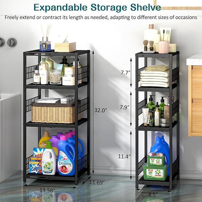 DAOUTIME Expandable Slim Storage Shelf, 4 Tier Metal Shelving Unit for Bathroom Storage Organizer, Freestanding Narrow Shelf for Small Spaces, Open Floor Shelves for Bathroom, Laundry Room, Kitchen