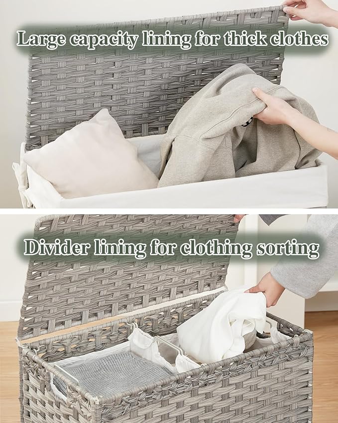 SETVSON Laundry Hamper with Lid Wicker Laundry Basket 112 L (29.6 Gal) Laundry Hampers Handwoven Rattan Clothes Hamper with Handles 3 Removable Liner Bag, 6 Mesh Bags for Bathroom Bedroom Gray