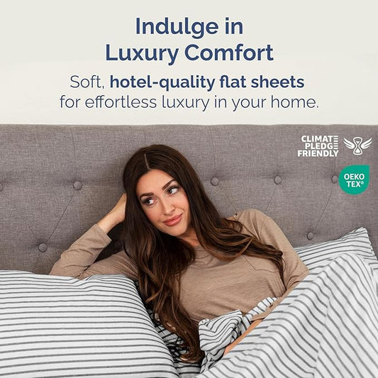 Twin Size Flat Sheet - Hotel Quality Top Flat Bed Sheet Only - Ultra-Soft, Comfy, Breathable & Cooling - Fade & Wrinkle Free - Easy-Care, Stain and Shrink Resistant Bedding - Oeko-Tex - Grey Stripes