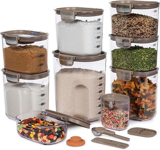 ProKeeper+ Airtight Food Storage Container Set – Clear Plastic Flour and Sugar Canister Set with Magnetic Accessories for Kitchen Organization (Taupe, 13-Piece)