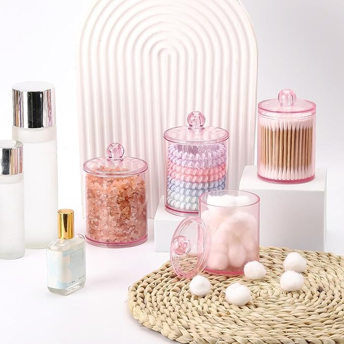 Tbestmax 12 oz & 10 oz Qtip Holder - 4 Pack Restroom Bathroom Organizers and Storage Containers, Pink Plastic Apothecary Jars with Lids for Cotton Swab, Cotton Round Pads, Floss