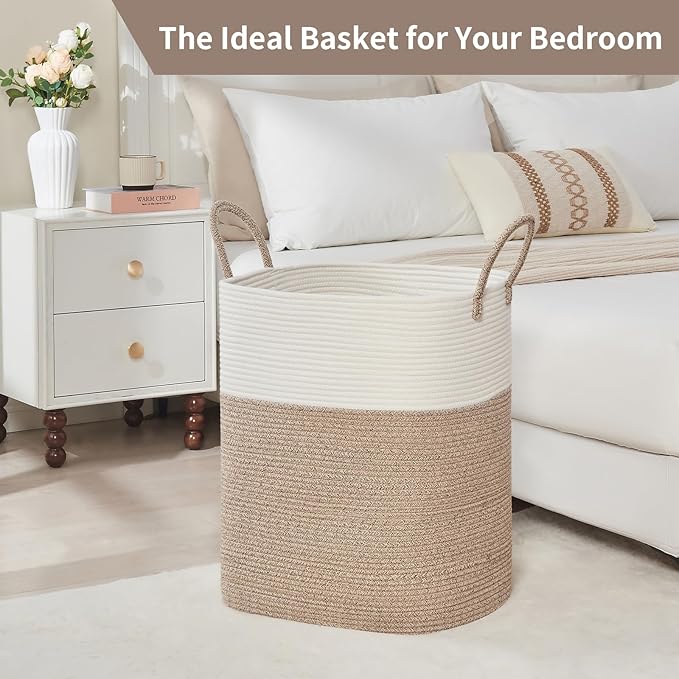 Laundry Basket with Handles - Blanket Basket & Hampers for Bedroom Aesthetic, Laundry Hamper & Blanket Storage for Living Room, Clothes Hamper, Tall, Large 17" x 14" x 26”, White & Rice Brown