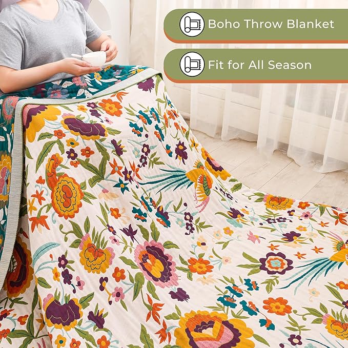 Boho Throw Blanket for Bed Couch 100% Cotton Ultra Soft Large Rustic Quilt t Queen Blanket,Bird Floral Printed Farmhouse Bed Blankets 80"×90", Decorative Reversible Muslin Bed Cover for All Seasons
