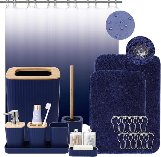 XLHOMO Bathroom Accessory Set–Bathroom Sets with Shower Curtain and Rugs, No Slip Bathroom Rugs Super Absorbent, Blue Ombre Water-Proof Shower Curtain with Hooks, Blue Bathroom Sets Complete for Home