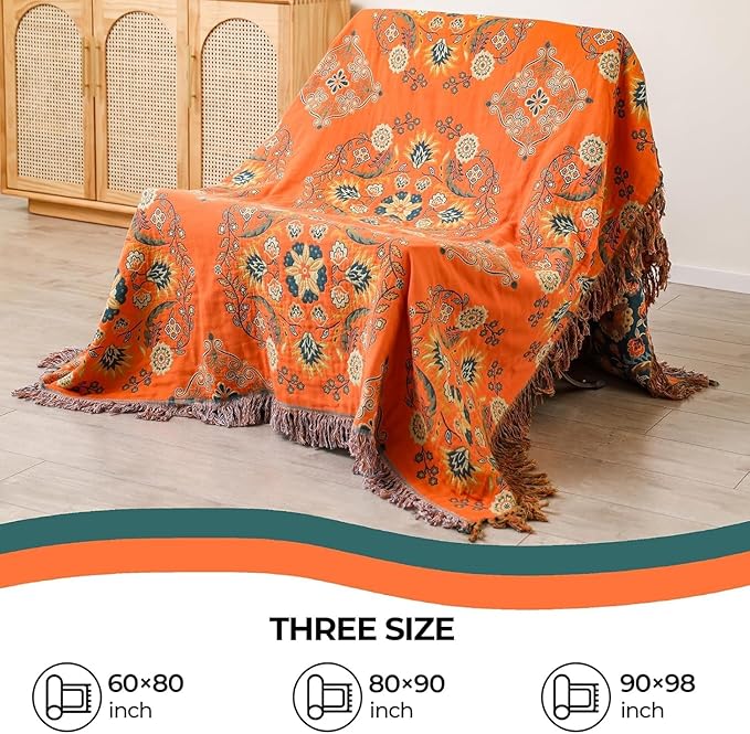 Fall Throw Blanket for Couch Bed Chair,100% Cotton Soft Lightweight Blanket Rustic Quilt -Orange Floral Printed Farmhouse Decor Bed All Season Blankets,60"×80"
