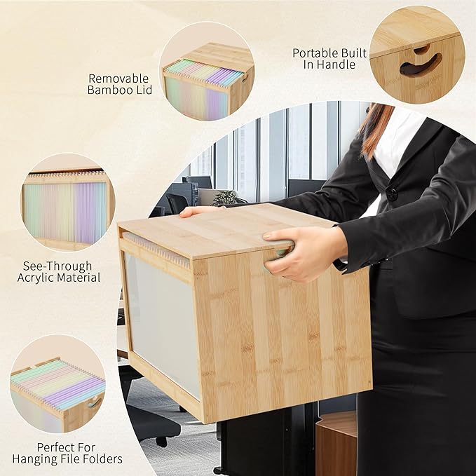 LONTAI Natural Bamboo & Acrylic File Box with Removable Lid, Modern File Organizer Box for Letter/Legal Files, Hanging File Box with Easy Assembly & Dustproof Storage for Home Office