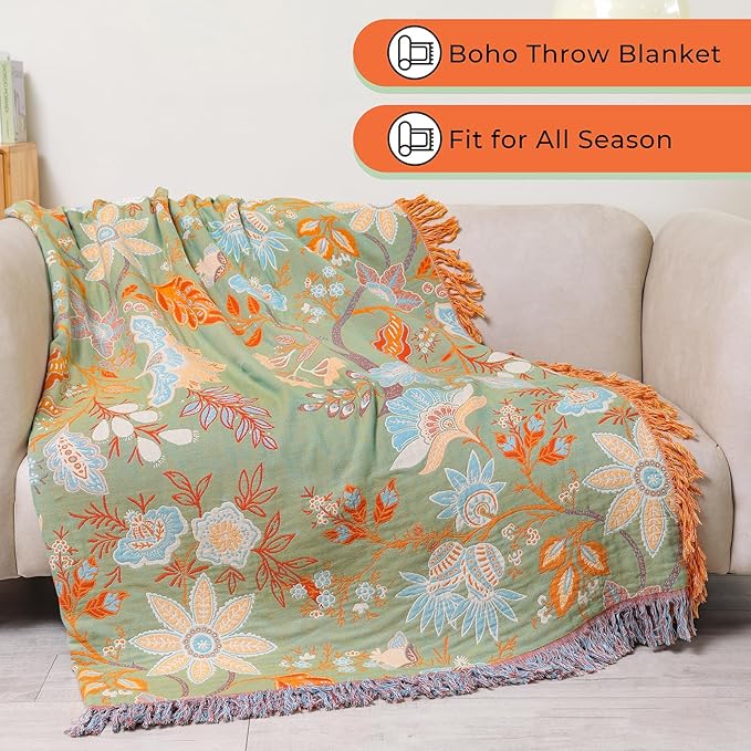 Boho Fall Throw Blanket for Bed，100% Ultra Cotton Soft Breathable Bed Throw Floral Printed Farmhouse Decor Rustic Bed Throws for Couch Sofa Quilt 90" x 98"-Orange& Sage Green
