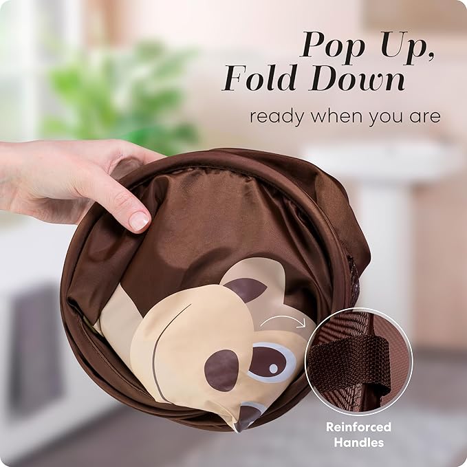 Handy Laundry Collapsible Mesh Pop Up Hamper with Wide Opening and Side Pocket - Breathable, Sturdy, Foldable, and Space-Saving Design for Clothes and Storage (Monkey)