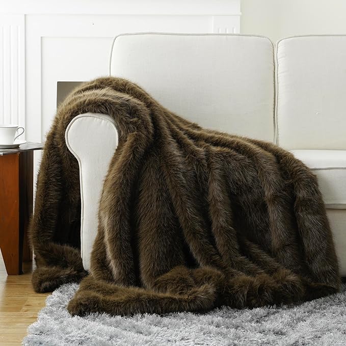 BATTILO HOME Luxury Fluffy Olive Green Faux Fur Throw Blanket, Cozy Warm Fur Blanket for Couch, Sofa, Chair, Bed, Plush Fuzzy Fur Throws with Long Pile, 50"x60"