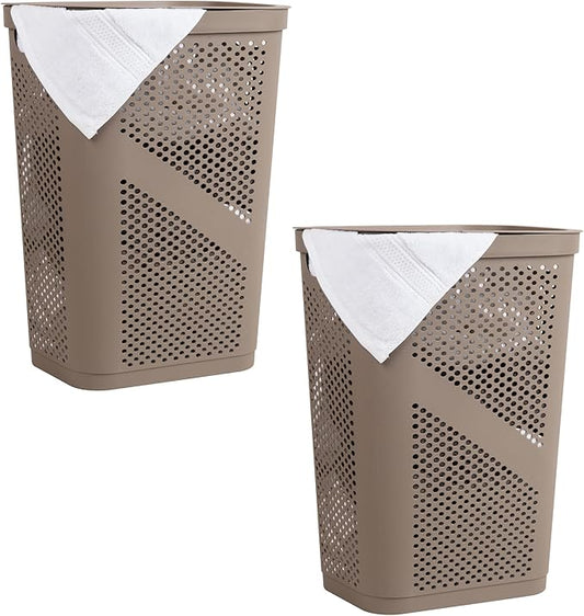 Mind Reader 60L Slim Laundry Hamper, Clothes Basket, Lid, Ventilated, Plastic, Set of 2, Tan