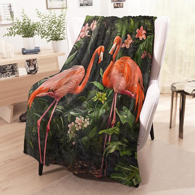 wyxdwh Jungle Flamingo Blanket, Cozy Flannel Flamingos with Leaves & Flowers Throw Blanket for Couch Outdoor, Plush Soft Lightweight Travel Blankets for Bed Decor and Gifts, for Women Adults 60"x80"