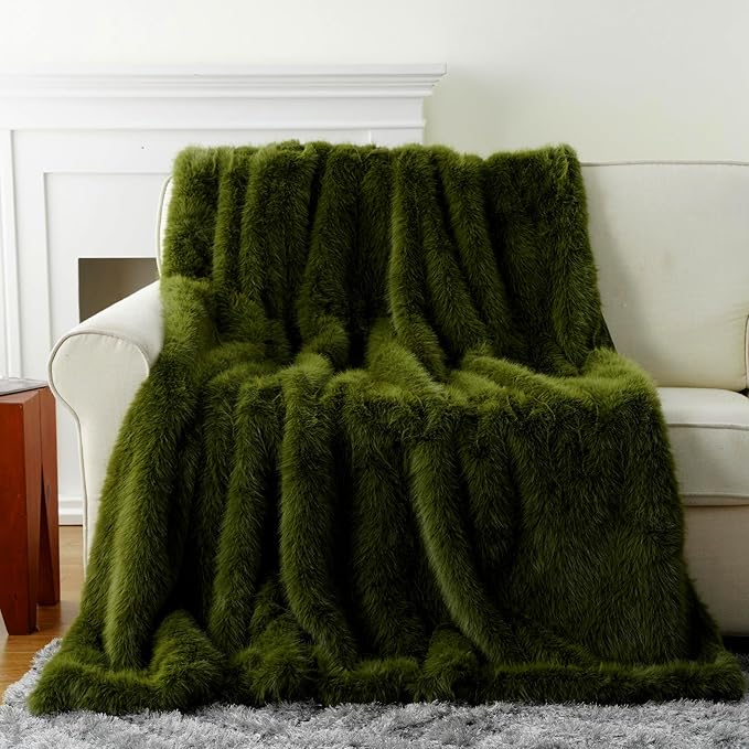 BATTILO HOME Luxury Fluffy Green Faux Fur Throw Blanket, Cozy Warm Fur Blanket for Couch, Sofa, Chair, Bed, Plush Fuzzy Fur Throws with Long Pile, 60"x80"