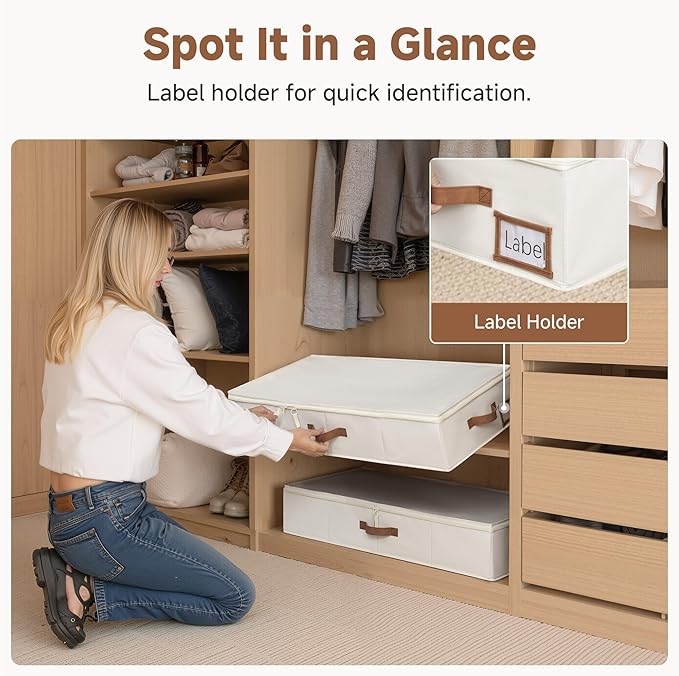 StorageWorks Underbed Storage with Lid, 2-Pack Under Bed Storage Containers for Clothes, Bedding, and Sweaters, Beige